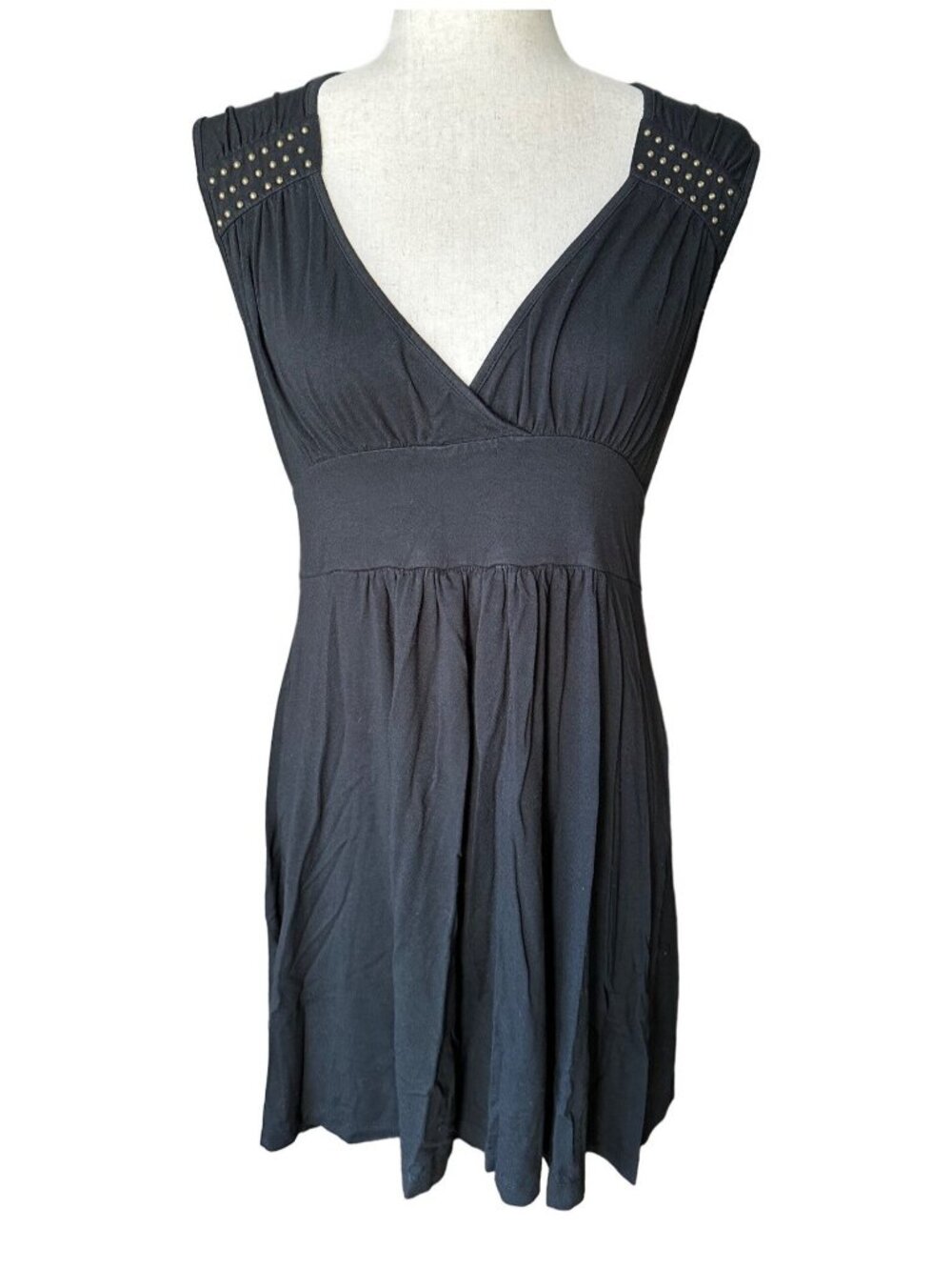Banana Republic Dress Women M Black Classic V Neck Shoulder Stud Detail Casual